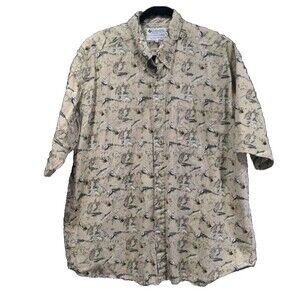 Columbia Mens Trout Button Up SS Shirt Size XL Beige Fly Fishing Outdoor VTG